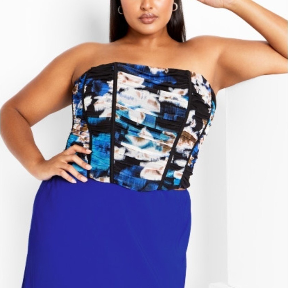 City Chic Blue Floral Corset Top Plus 24 3X Strapless Party Evening Club NEW